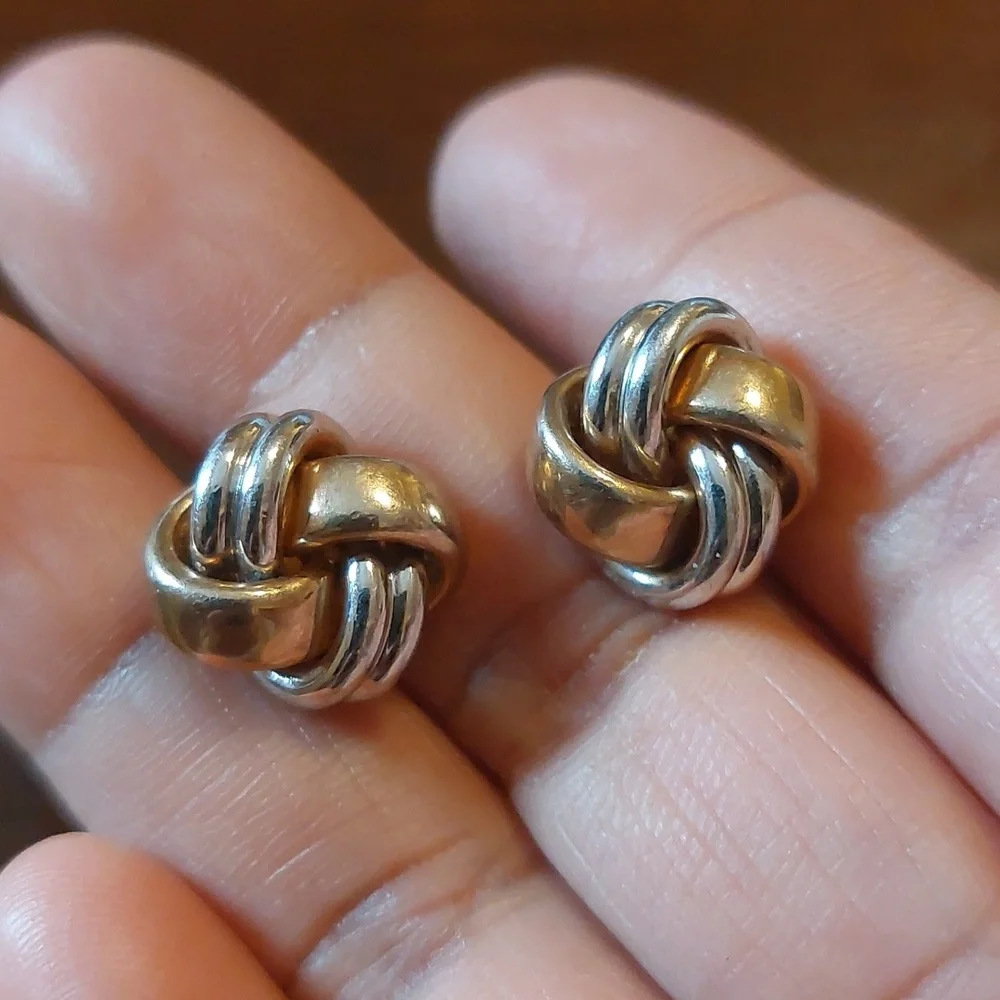 SWANK Gold Silver Two Tone Knot Design Tie Bar and Cufflinks Set Vintage